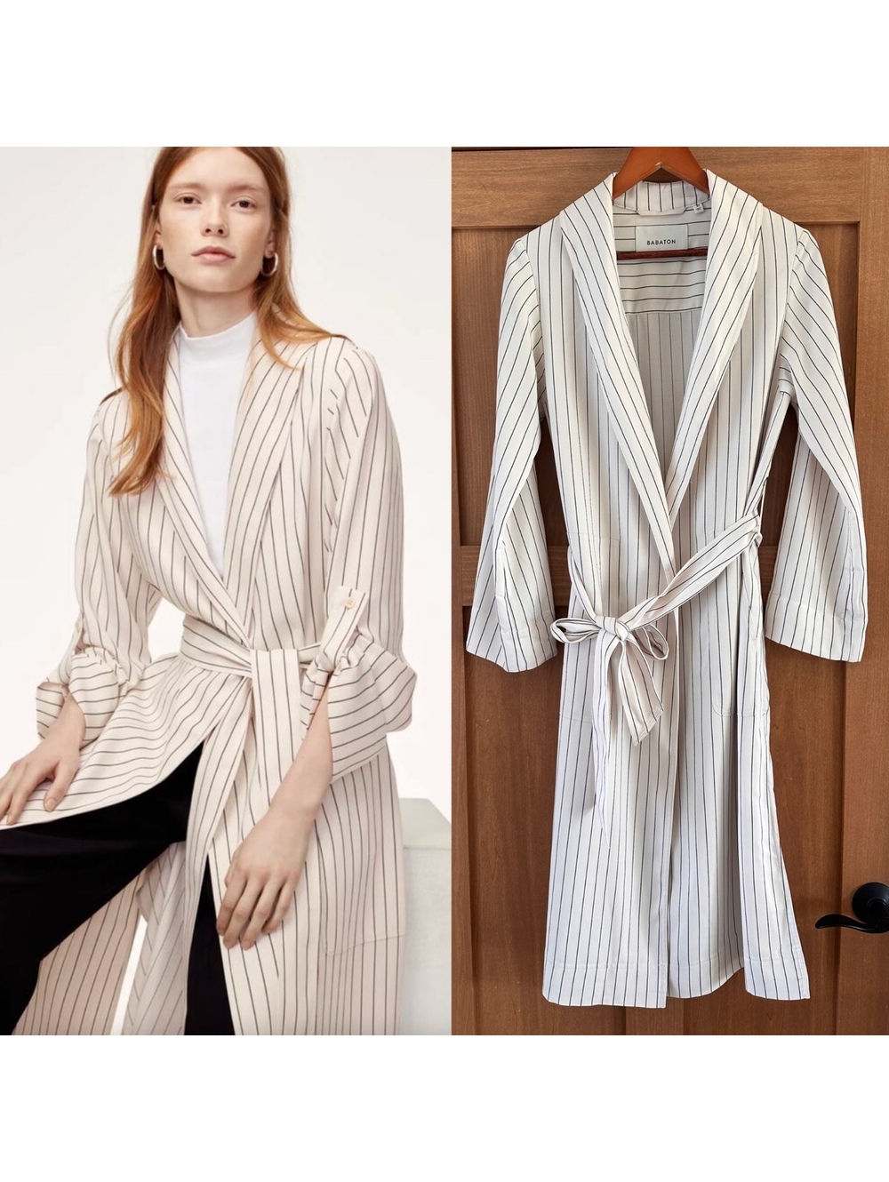 Babaton Aritzia Kahlo Wrap Tie Belt Jacket Ivory & Black Pinstripe Women’s XS